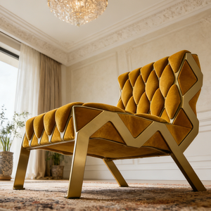 <span class=keywords><strong>Fauteuil</strong></span> <span class=keywords><strong>d</strong></span>'<span class=keywords><strong>appoint</strong></span> créatif nordique géométrique en tissu safran, base en acier doré, mobilier <span class=keywords><strong>d</strong></span>'hôtel - Product Image 4