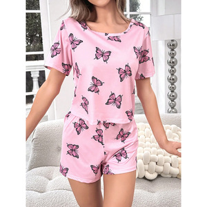Conjunto de Pijama para Mujer Z133 con Estampado de Mariposas, Camiseta de Manga Corta con Cuello Redondo de Poliéster y Pantalones Cortos, Ropa de Dormir de 2 Piezas al por Mayor - Product Image 5