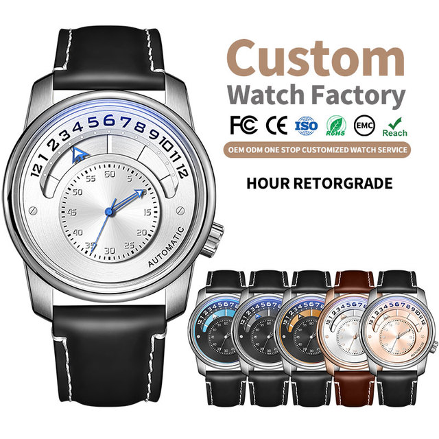 Miyota 8215 Automatic Retrograde Hours Mechanical  Men's Watch OEM Custom with logo branding Stainless Steel Case Leather Band