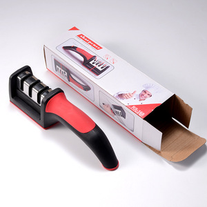 Afilador de cuchillos comercial de 3 etapas, rojo y negro, mango antideslizante, herramienta manual de afilado rápido para restaurante, hotel, catering, cocina - Product Image 3