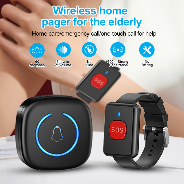 Wireless Watch Button Pager Emergency SOS Paramedic Pager 60 Songs Emergency Call Button for Kids Elderly Patient Call System