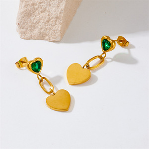 Heart-Shaped Drop <b>Earrings</b> Gold Plated Green Stone Bezel Setting Stainless Steel <b>Post</b> Gift Jewelry - Product Image 4