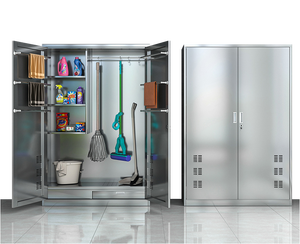 Gabinete de limpieza de acero inoxidable moderno para almacenamiento de escobas, armario de almacenamiento de fregona con 2 puertas, armario de almacenamiento de balcón - Product Image 6