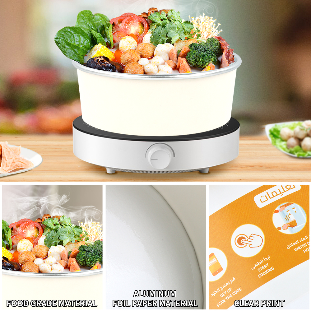 16Oz Disposable Custom Print White Salad Food Aluminium Foil Paper Rice Bowl Heatable With Lids