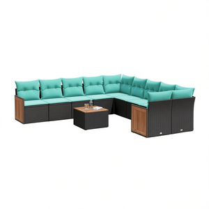 Ensemble de canapés de jardin en polyrotin noir avec coussins, 10+ places, mobilier d'extérieur, design contemporain, panneau en teck - Product Image 1