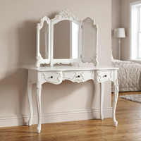Tocador de Maquillaje Estilo Francés Vintage en Blanco Antiguo con Espejo y Almacenamiento, Diseño Europeo en Madera Maciza de Caoba para Dormitorio