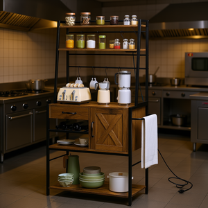 Étagère de cuisine industrielle rustique marron avec éclairage LED, station de charge, porte-serviettes, étagères ouvertes, cuisine commerciale - Product Image 2