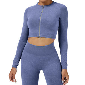 Ensemble de sport transfrontalier pour femme : Legging de yoga taille haute sans couture et haut court à manches longues, couleur unie, côtelé, pour le fitness - Product Image 1