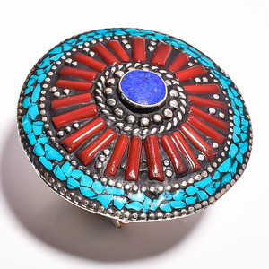 Bagues en pierres précieuses lapis corail turquoise naturel vente en gros en vrac bijoux fins fournisseurs tibétains de bijoux en argent - Product Image 5
