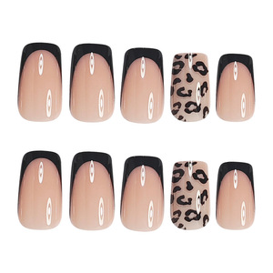 Uñas Postizas con Estampado de Leopardo Negro, 24 Piezas, Punta Francesa, Cuadradas, Brillantes, Uñas Postizas de Alta Gama, Sensuales, para Mujer - Product Image 3