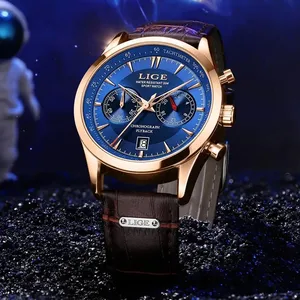 LIGE 89128 New Design Mens Quartz Chronograph Watch Stylish Genuine Leather Band Waterproofing Date Display Business Watches