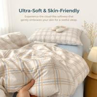 Parure de lit haut de gamme 4 pièces en gaze double couche, jacquard rayé, mousseline de polyester, résistante aux plis, toutes saisons