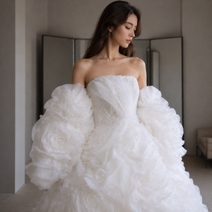 Vestido de Novia de Organza con Rosetones, Mangas Abullonadas Desmontables, Escote Corazón, <span class=keywords><strong>Volantes</strong></span> Florales, Falda de Tul con Capas, Lujoso - Product Image 5