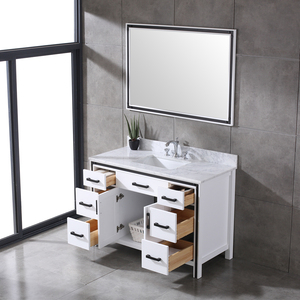 Industrial <b>White</b> Wooden Freestanding Bathroom Vanity Marble Wash Basin Cabinet with Black <b>Frame</b> <b>Mirror</b> Home Hotel Use - Product Image 5
