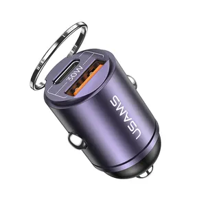 USAMS 2024 new products the world smallest car charger Aluminium alloy PD30W fast charging car adaptor with ring