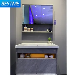 Popular grey wall hanging Fashion modern bathroom ceramic Aluminum cabinet basin sink bathroom vanity