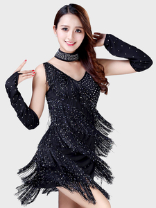 Robe de <span class=keywords><strong>danse</strong></span> latine sexy <span class=keywords><strong>classique</strong></span> noire à col en V, bretelles spaghetti, paillettes et franges, ensemble 3 pièces pour femme - Product Image 6