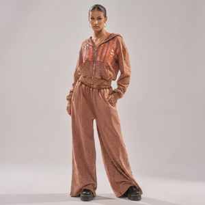 Ensemble de sweat-shirt à capuche surdimensionné avec détails en strass en tissu French Terry marron, vêtements unisexes pour l'automne - Product Image 1
