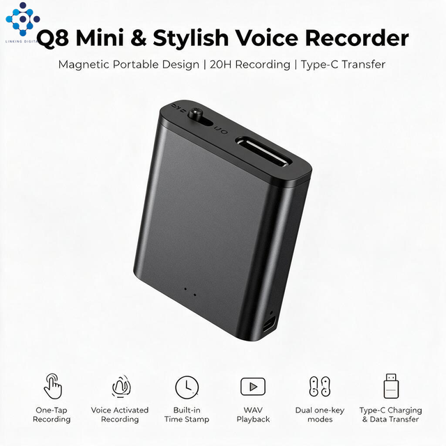 Ultra Tiny Magnetic Mini Voice Recorder Q8 Adjustable VOX Activated WAV Portable Meeting Recorder 4-32GB Type-C