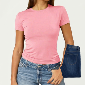 Women's <b>Pink</b> Crew Neck Short Sleeve Slim Fit Cotton Jersey T-Shirt Casual Solid Color Breathable Spring Summer Top - Product Image 1