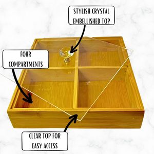 Bamboo Four Compartment <b>Storage</b> Tray With Lid For Nuts Dried Fruit Snacks Rectangle Shape 580g <b>Weight</b> - Product Image 3