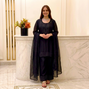 New Designer Party Wear Top-Plazzo Dupatta 3 Pieces Suit Heavy Embroidery <b>Beads</b> Work Free Stretchable Wedding Suit - Product Image 1