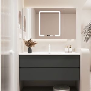 Meuble de salle de bain noir simple avec miroir intelligent, armoire suspendue et lavabo blanc - Product Image 1