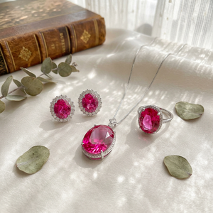 Juego de aretes y collar con circonita cúbica de corte ovalado, imitación de oro blanco, cobre chapado en oro rosa, corindón rojo, juego de joyería de 3 piezas. - Product Image 2