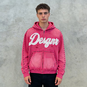 เสื้อฮู้ดซิปเต็มตัวผ้าฝ้ายหนานุ่มคุณภาพสูงแบบวินเทจ ลุคทำเก่า ผลิตตามสั่ง OEM - Product Image 1