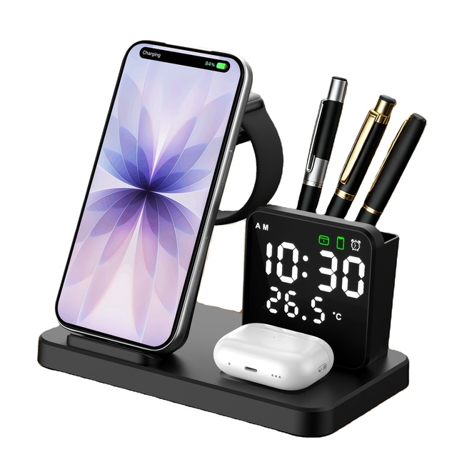 5 in 1 Wireless Charger Station with Clock Fast Charger 15 Watt Charging Dock for iPhone 15 Pro Max Wireless Charger