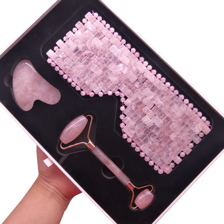 Лидер продаж, натуральный кварцевый розовый кристалл, маска для глаз, роликовый массажный набор