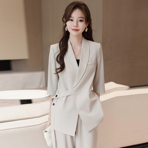 Women's Suit Set Solid Color Three Quarter Sleeve Belted Breathable Satin Casual Professional Style 2025 Summer Thin Fit - Product Image 1