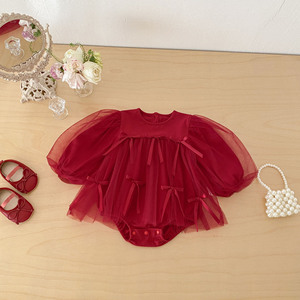 Abbigliamento per Neonati 2026 Stile Coreano, Completo Primavera/Autunno, Tutina Rossa in Cotone e Rete, Vestito da Principessa per Primo Compleanno - Product Image 2