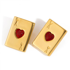 Custom <b>Gold</b> Color Lady Earring 14k 18k PVD <b>Gold</b> Plated Fashion 316L Stainless Steel Red Zircon Playing <b>Card</b> Earrings For Women - Product Image 5