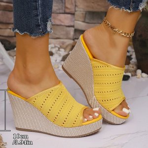 Sandales <span class=keywords><strong>compensées</strong></span> à enfiler pour femmes, confortables, jaune vif, en tricot respirant, à demi-couverture, avec semelle épaisse, style espadrille - Product Image 2