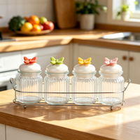 Ensemble de 4 pots de rangement en verre à nervures verticales avec support métallique et couvercles en céramique papillon colorés, pour épices, bonbons et collations