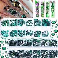 12 grilles (2 boîtes) de strass pour ongles vert émeraude multi-formes 3D SS4-SS16, diamants ronds en verre champagne, pierres précieuses en cristal à dos plat