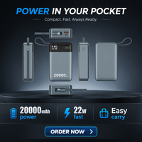 OEM ODM Batterie externe 20000mAh 22.5W PD à charge rapide avec câble Type C intégré, écran LED, chargeur portable, logo personnalisé pour téléphone