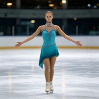 Robe de patinage artistique turquoise à manches longues avec strass et maille pour compétition et performance (adultes et enfants)