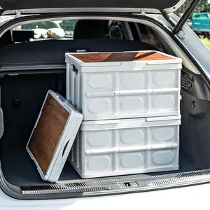 30/55L पोर्टेबल तह प्लास्टिक पिकनिक कैम्पिंग लकड़ी ढक्कन के साथ भंडारण बॉक्स घर कार्यालय कार ट्रंक और आउटडोर कस्टम कंटेनर उपकरण