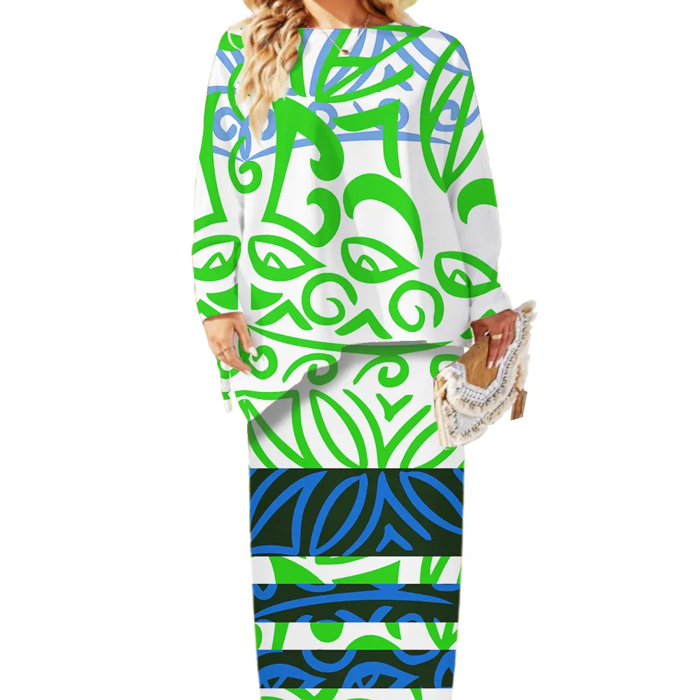 1 MOQ Large Size 6XL Puletasi Dress Pacific Island Art Autumn Polynesian Tribal Design Puletasi Dress Two Piece Long Sleeves