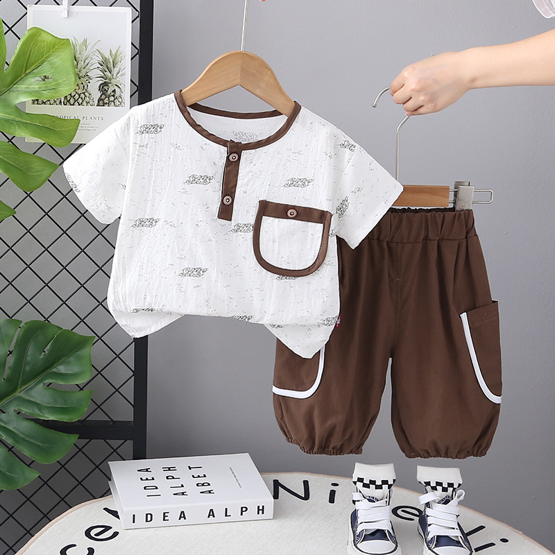 2025 New Western Style Boys' Summer Suit Baby Letter Placket Short-Sleeved Two-Piece Kids Clothes Age Mix
