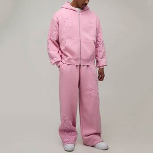 Sudadera con Capucha Rosa con Bordado Floral Invernal y Apliques de Flores, Conjunto Deportivo de Dos Piezas de Forro Polar Personalizado para Hombre - Product Image 4