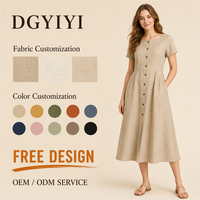 Robe décontractée pour femme, col bateau, manches courtes, boutonnée sur le devant, robe midi, mélange de lin 200GSM, coupe ample, logo personnalisé OEM, robe décontractée