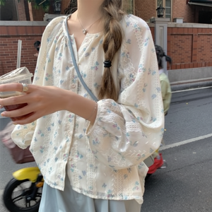 เสื้อเบลาส์คอกลมสำหรับผู้หญิง, เสื้อเชิ้ตแขนยาวพิมพ์ลายดอกไม้เล็กและสดใสสไตล์เกาหลีใส่ได้พอดีกับความสูงโดยเฉพาะ - Product Image 1