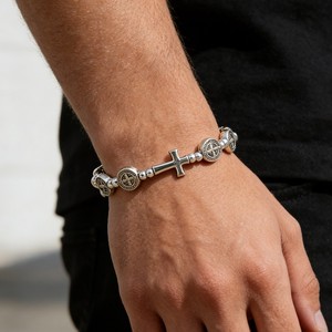 Cross <b>Bracelet</b> Tibetan Silver <b>Beaded</b> Religious Jewelry Gift for <b>Men</b> Women - Product Image 3