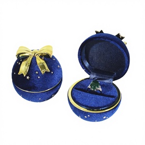 Custom Christmas Velvet Jewelry Packaging <b>Box</b> for Wedding Rings <b>Earrings</b> Pendants Round with Bow - Product Image 1