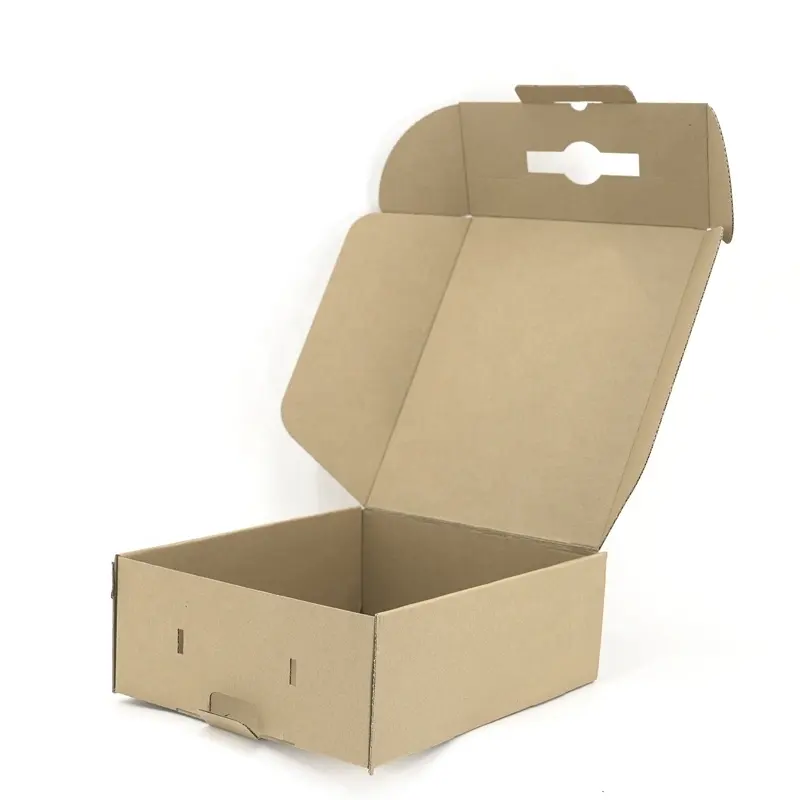 Valise en carton brun pliable en carton ondulé boîte d'expédition de vêtements d'expédition en papier avec poignée en plastique, vente en gros