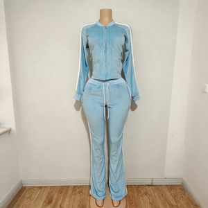 Custom Logo Women <b>Velour</b> <b>Tracksuit</b> Full Zip Striped Hooded Crop Jacket Pants Set Y2K Casual Sweatshirt Outfit - Product Image 4