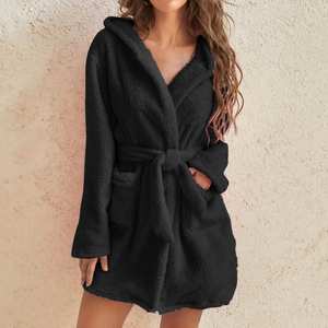 Autumn Winter Women Warm Plush <b>Coat</b> Long Sleeve Pockets Hooded Robe <b>Dress</b> Lady Belted Casual Home Wear - Product Image 5
